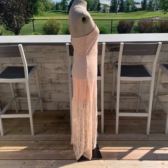 Vintage Hand Sewn Peach Sheer Lace Maxi Dress Long Gown - Picture 8 of 16